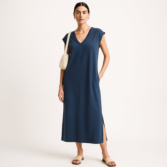 Cloth & Stone Cotton V-Neck Midi Tee Dress Side Slits XS Indigo Blue - Picture 2 of 9